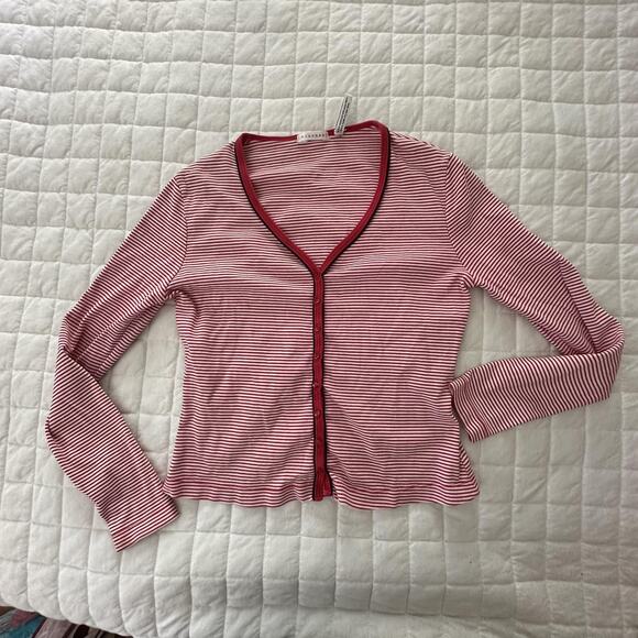 clothes Shirt Womens Medium Red White Striped Button Front V-Neck Retro Preppy - Picture 2 of 12